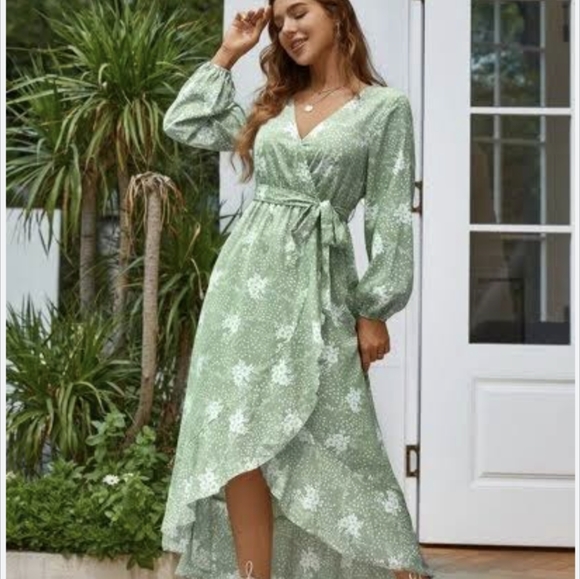 Simplee Dresses Simple Mint Green Boho Floral Wrap Maxi Dress Size
